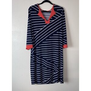 TIANA B Ladies 14 W Navy/ White Striped Coral Accents Fit & Flare Nautical Dress